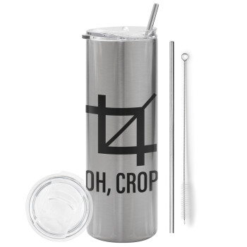 Oh Crop, Tumbler ποτήρι θερμό Ασημένιο από ανοξείδωτο ατσάλι 600ml, με μεταλλικό καλαμάκι & βούρτσα καθαρισμού