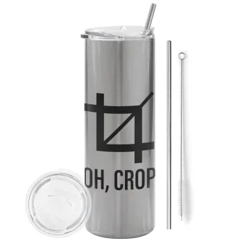 Oh Crop, Tumbler ποτήρι θερμό Ασημένιο από ανοξείδωτο ατσάλι 600ml, με μεταλλικό καλαμάκι & βούρτσα καθαρισμού