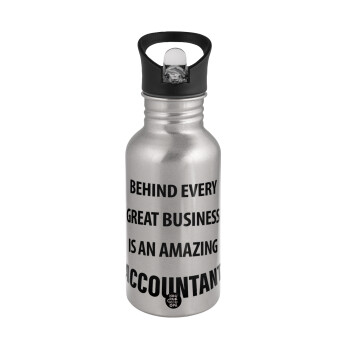 Behind every great business, Water bottle Silver with straw, stainless steel 500ml
