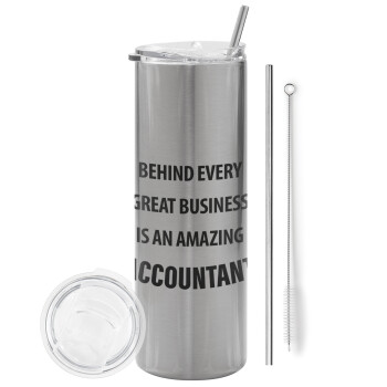 Behind every great business, Eco friendly stainless steel Silver tumbler 600ml, with metal straw & cleaning brush