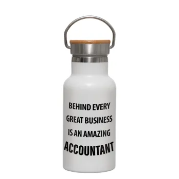 Behind every great business, Μεταλλικό παγούρι θερμός (Stainless steel) Λευκό με ξύλινο καπακι (bamboo), διπλού τοιχώματος, 350ml