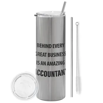 Behind every great business, Tumbler stainless steel Silver 600ml, with metal straw & cleaning brush