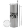 Tumbler stainless steel Silver 600ml, with metal straw & cleaning brush