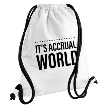 It's an accrual world, Τσάντα πλάτης πουγκί GYMBAG λευκή, με τσέπη (40x48cm) & χονδρά κορδόνια