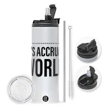 It's an accrual world, Travel Tumbler θερμό με διπλό καπάκι, μεταλλικό καλαμάκι και βούρτσα καθαρισμού (Ανωξείδωτο 304 Food grade, BPA free, 600ml)