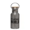 Stainless steel metallic thermos flask, silver with a bamboo lid, double-walled, 350ml.
