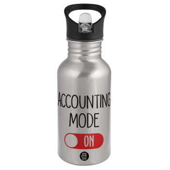 ACCOUNTANT MODE ON, Water bottle Silver with straw, stainless steel 500ml