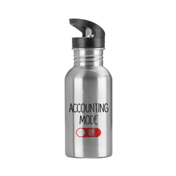 ACCOUNTANT MODE ON, Water bottle Silver with straw, stainless steel 600ml