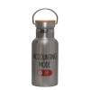 Stainless steel metallic thermos flask, silver with a bamboo lid, double-walled, 350ml.