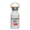Metallic thermos (Stainless steel) White with wooden lid (bamboo), double-walled, 350ml