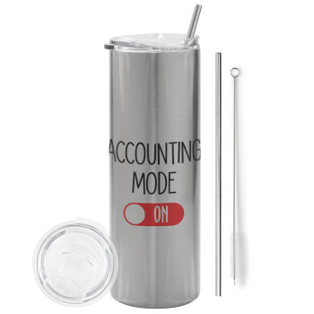 ACCOUNTANT MODE ON, Eco friendly stainless steel Silver tumbler 600ml, with metal straw & cleaning brush