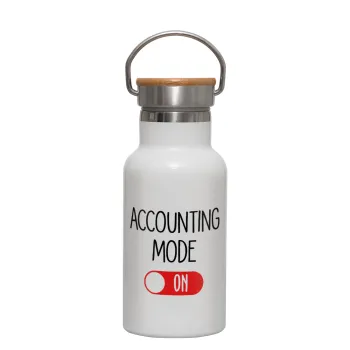 ACCOUNTANT MODE ON, Μεταλλικό παγούρι θερμός (Stainless steel) Λευκό με ξύλινο καπακι (bamboo), διπλού τοιχώματος, 350ml