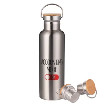 ACCOUNTANT MODE ON, Μεταλλικό παγούρι θερμός (Stainless steel) Ασημένιο με ξύλινο καπακι (bamboo), διπλού τοιχώματος, 750ml