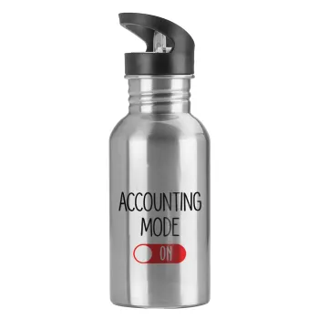 ACCOUNTANT MODE ON, Water bottle Silver with straw, stainless steel 600ml