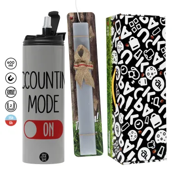 ACCOUNTANT MODE ON, Πασχαλινή Λαμπάδα με Travel Tumbler θερμό (600ml, BPA free) & κερί αρωματικό πλακέ (30cm) (ΓΚΡΙ)