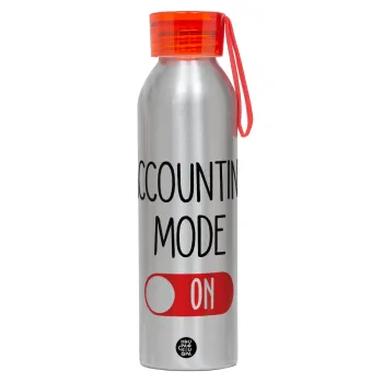 ACCOUNTANT MODE ON, Αλουμινένιο Αθλητικό Μπουκάλι 650ml – Ασημί με Κόκκινο Καπάκι και Λουράκι Σιλικόνης
