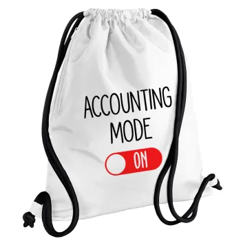 ACCOUNTANT MODE ON, Τσάντα πλάτης πουγκί GYMBAG λευκή, με τσέπη (40x48cm) & χονδρά κορδόνια