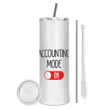 ACCOUNTANT MODE ON, Tumbler ποτήρι θερμό από ανοξείδωτο ατσάλι 600ml, με μεταλλικό καλαμάκι & βούρτσα καθαρισμού