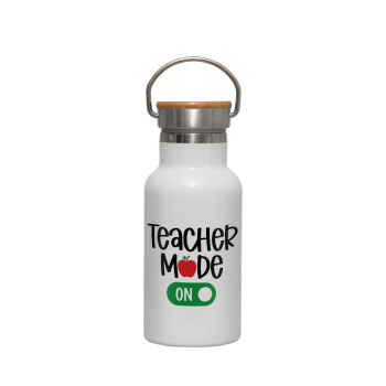 Teacher mode ON, Μεταλλικό παγούρι θερμός (Stainless steel) Λευκό με ξύλινο καπακι (bamboo), διπλού τοιχώματος, 350ml