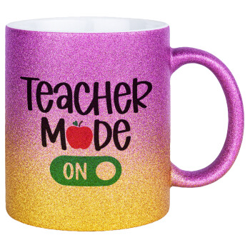 Teacher mode ON, Κούπα Χρυσή/Ροζ Glitter, κεραμική, 330ml