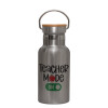 Stainless steel metallic thermos flask, silver with a bamboo lid, double-walled, 350ml.
