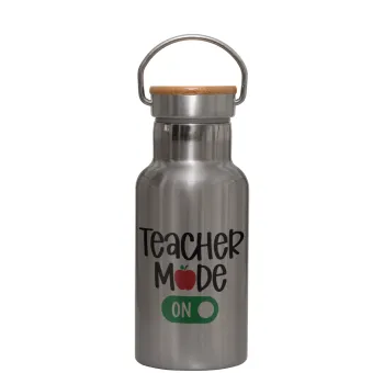 Teacher mode ON, Μεταλλικό παγούρι θερμός (Stainless steel) Ασημένιο με ξύλινο καπακι (bamboo), διπλού τοιχώματος, 350ml