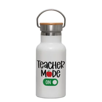 Teacher mode ON, Μεταλλικό παγούρι θερμός (Stainless steel) Λευκό με ξύλινο καπακι (bamboo), διπλού τοιχώματος, 350ml