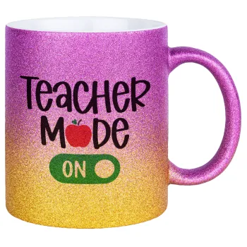 Teacher mode ON, Κούπα Χρυσή/Ροζ Glitter, κεραμική, 330ml