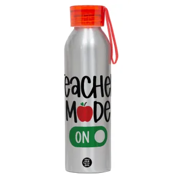 Teacher mode ON, Αλουμινένιο Αθλητικό Μπουκάλι 650ml – Ασημί με Κόκκινο Καπάκι και Λουράκι Σιλικόνης