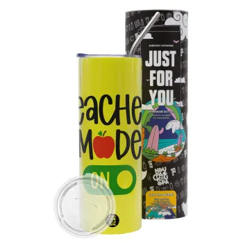 Teacher mode ON, Neon Yellow Travel Tumbler θερμό, μεταλλικό καλαμάκι(Ανωξείδωτο 304 Food grade, BPA free, 600ml)