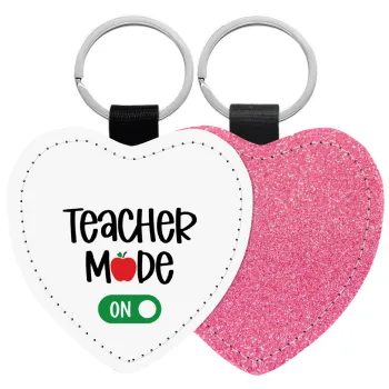 Teacher mode ON, Μπρελόκ PU δερμάτινο glitter καρδιά ΡΟΖ
