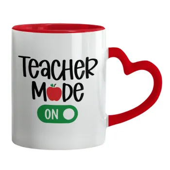 Teacher mode ON, Κούπα καρδιά χερούλι κόκκινη, κεραμική, 330ml