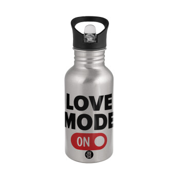 LOVE MODE ON, Water bottle Silver with straw, stainless steel 500ml