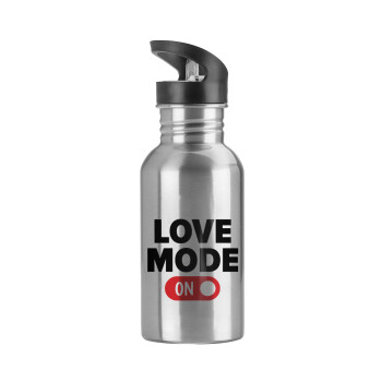 LOVE MODE ON, Water bottle Silver with straw, stainless steel 600ml