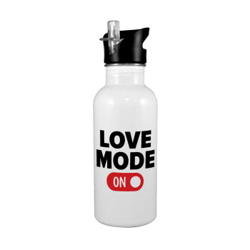 LOVE MODE ON, White water bottle with straw, stainless steel 600ml