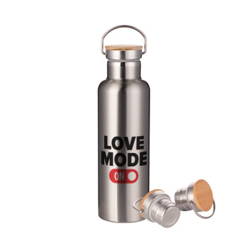 LOVE MODE ON, Μεταλλικό παγούρι θερμός (Stainless steel) Ασημένιο με ξύλινο καπακι (bamboo), διπλού τοιχώματος, 750ml