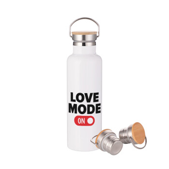 LOVE MODE ON, Μεταλλικό παγούρι θερμός (Stainless steel) Λευκό με ξύλινο καπάκι (bamboo), διπλού τοιχώματος, 750ml