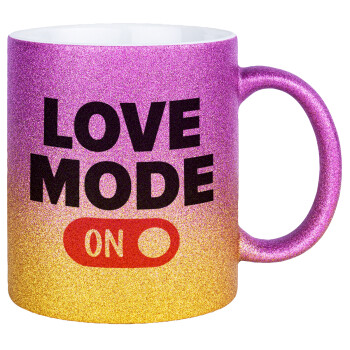 LOVE MODE ON, Κούπα Χρυσή/Ροζ Glitter, κεραμική, 330ml