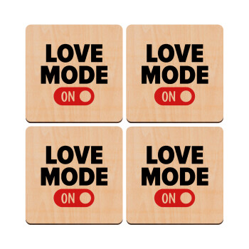 LOVE MODE ON, ΣΕΤ x4 Σουβέρ ξύλινα τετράγωνα plywood (9cm)