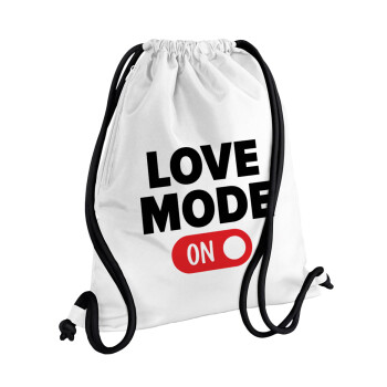 LOVE MODE ON, Τσάντα πλάτης πουγκί GYMBAG λευκή, με τσέπη (40x48cm) & χονδρά κορδόνια