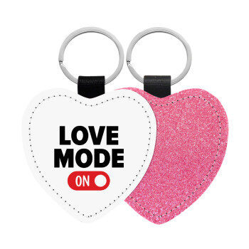 LOVE MODE ON, Μπρελόκ PU δερμάτινο glitter καρδιά ΡΟΖ