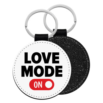 LOVE MODE ON, Μπρελόκ Δερματίνη, στρογγυλό ΜΑΥΡΟ (5cm)
