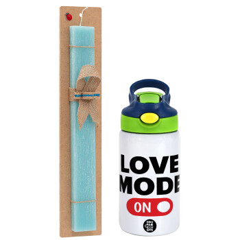 LOVE MODE ON, Easter Set, Children's thermal stainless steel bottle with safety straw, green/blue (350ml) & aromatic flat Easter candle (30cm) (TURQUOISE)
