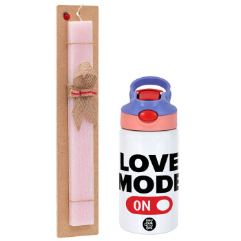 LOVE MODE ON, Easter Set, Children's thermal stainless steel water bottle with safety straw, pink/purple (350ml) & Easter scented flat candle (30cm) (PINK)