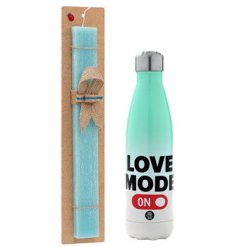 LOVE MODE ON, Easter Set, Metallic green/white thermos (Stainless steel), double-walled, 500ml & scented flat Easter candle (30cm) (TURQUOISE)
