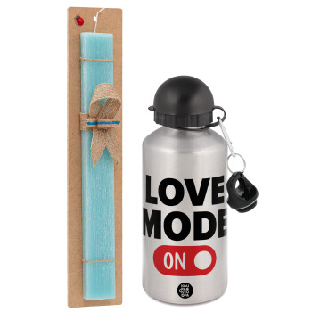 LOVE MODE ON, Easter Set, metallic silver aluminum water bottle (500ml) & scented flat Easter candle (30cm) (TURQUOISE)