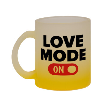 LOVE MODE ON, Κούπα γυάλινη δίχρωμη με βάση το κίτρινο ματ, 330ml