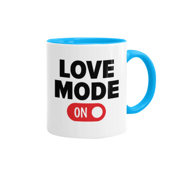 LOVE MODE ON, Mug colored light blue, ceramic, 330ml