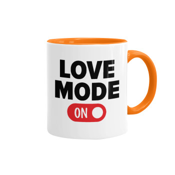 LOVE MODE ON, Mug colored orange, ceramic, 330ml