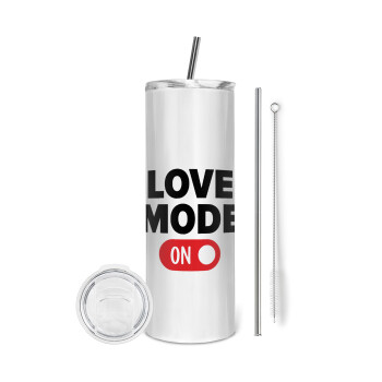 LOVE MODE ON, Eco friendly stainless steel tumbler 600ml, with metal straw & cleaning brush